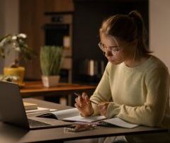 Girl engaged in CAT self preparation, studying with laptop and book at night